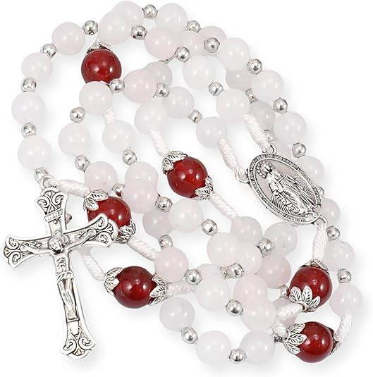 White Jade & Natural Stone Beads Rosary Necklace St. Miraculous Medal & Cross Crucifix - Nazareth Store