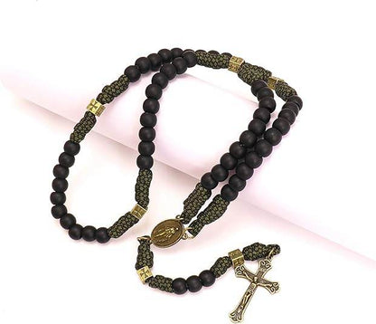 Antique Bronze Black Matte Prayer Beads Paracord Rosary Necklace with and Jesus Cross and Miraculous Medal - Nazareth Store