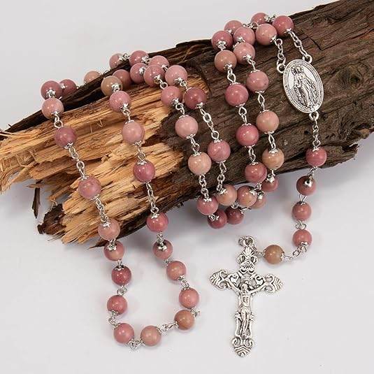 Pink Aventurine Rosary Necklace with Silver Holy Soil Medal & Cross - Nazareth Store