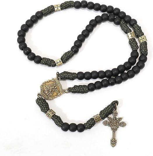 Antique Bronze Metal Rugged Paracord Rosary Necklace Black Matte Prayer Beads with Saint Medal and Crucifix Cross - Nazareth Store