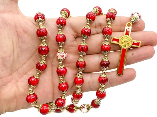 Red Rosary Beads Necklace with Saint Benedict Medal, Flower Mystery Bead, Miraculous Medal Locket, Cross Nazareth Store