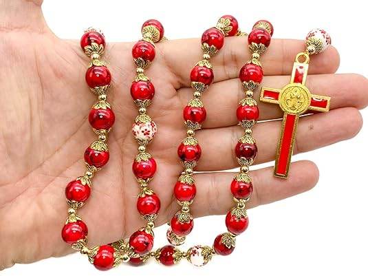 Red Rosary Beads Necklace with Saint Benedict Medal, Flower Mystery Bead, Miraculous Medal Locket - Nazareth Store