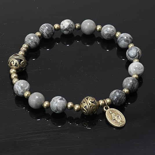 Durable and Elegant Wrist Bracelet Stone Beads Rosary with Metal Separators and Catholic Miraculous Medal Nazareth Store