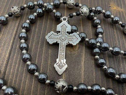 Black Hematite Beads Rosary Stainless Knotted Necklace Miraculous Medal & Cross - Nazareth Store