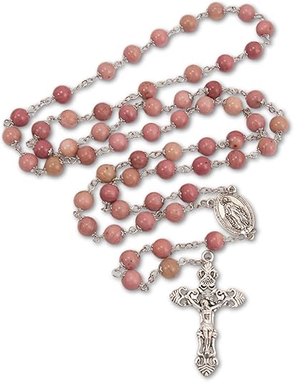 Pink Aventurine Rosary Necklace with Silver Holy Soil Medal & Cross Nazareth Store