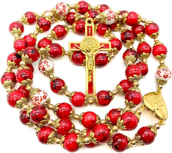 Red Rosary Beads Necklace with Saint Benedict Medal, Flower Mystery Bead, Miraculous Medal Locket, Cross Nazareth Store