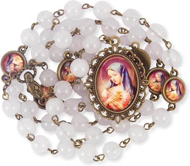 Our Lady of Sorrows Stone Beads Rosary Necklace with Epoxy 7 Sorrows Medallion - Nazareth Store