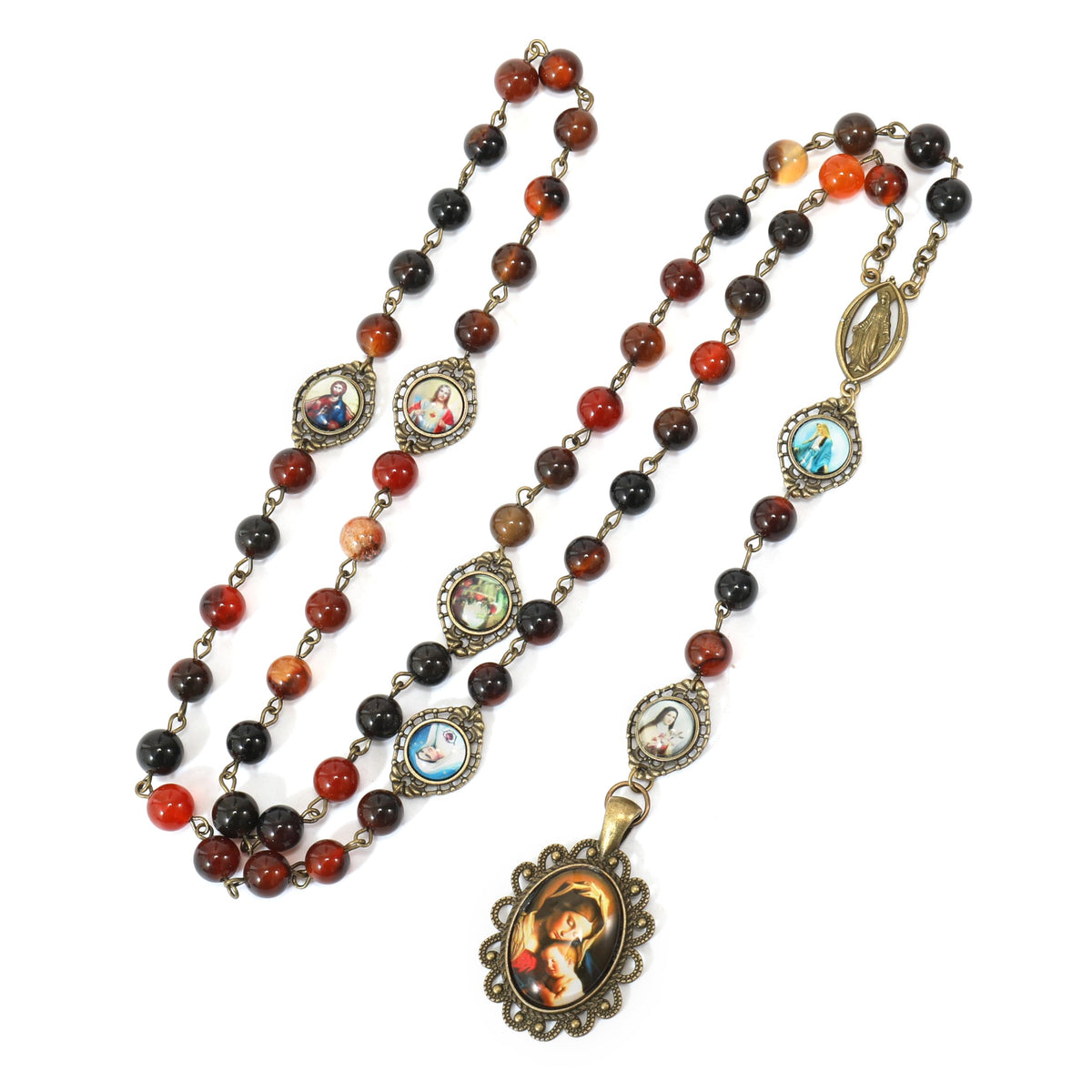 Agate Stone Beads Rosary Necklace with Miraculous & Holy Mary Baby Jesus Medal - Nazareth Store
