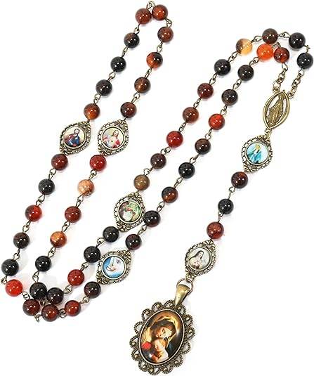 Agate Stone Beads Rosary Necklace with Miraculous & Holy Mary Baby Jesus Medal - Nazareth Store