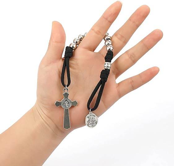 Silver Beads Black Paracord Pocket Car Rosary St. Joseph Medal & St. Benedict Cross - Nazareth Store