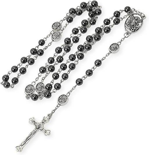 Black Hematite Silver St. Michael Stone Beads Rosary Necklace with Metal Box - Nazareth Store