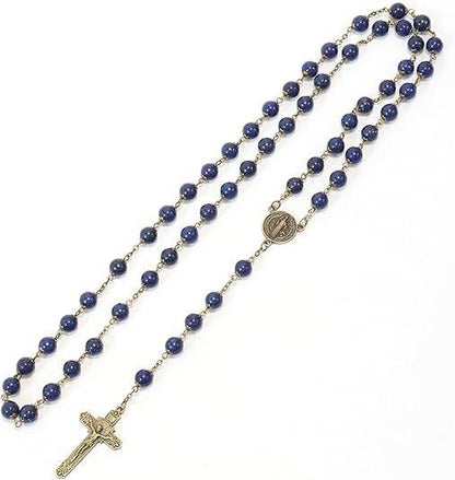 Lapis Lazuli Stone Beads Rosary Antique Bronze Necklace St. Benedict Cross and Medal - Nazareth Store