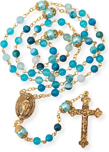 Matte Stone & Pearl Round Beads Rosary Gold Necklace Miraculous Medal & Cross Nazareth Store