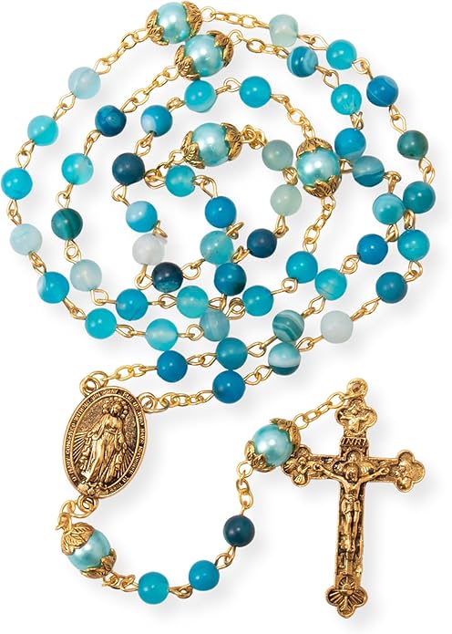 Blue Matte Stone Rosary Necklace with Miraculous Medal & Cross