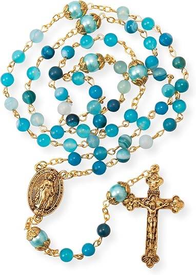 Matte Stone & Pearl Round Beads Rosary Gold Necklace Miraculous Medal & Cross - Nazareth Store