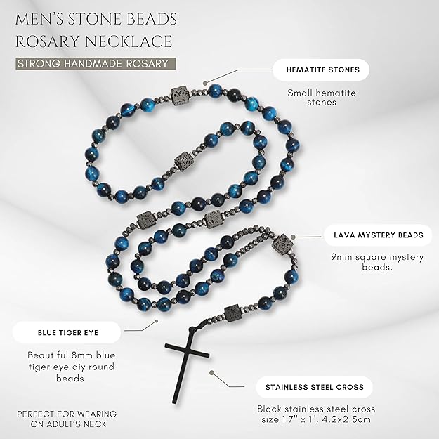 Blue Tiger Eye & Lava Stone 9mm Beads Rosary Necklace with Black Alloy Cross (Copy) Nazareth Store