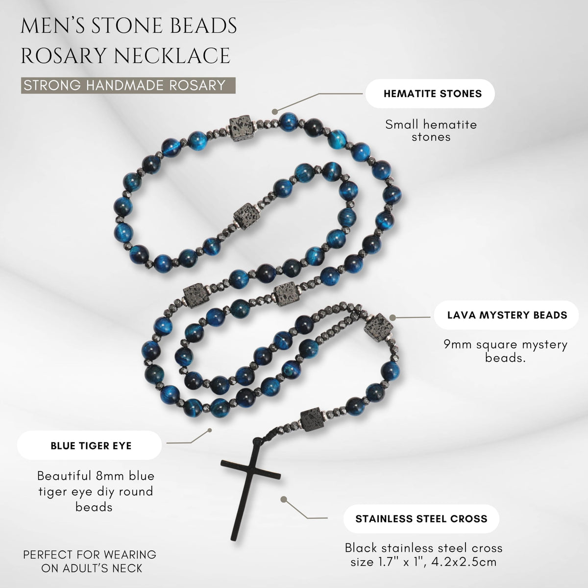 Blue Tiger Eye & Lava Stone 9mm Beads Rosary Necklace with Black Alloy Cross - Nazareth Store
