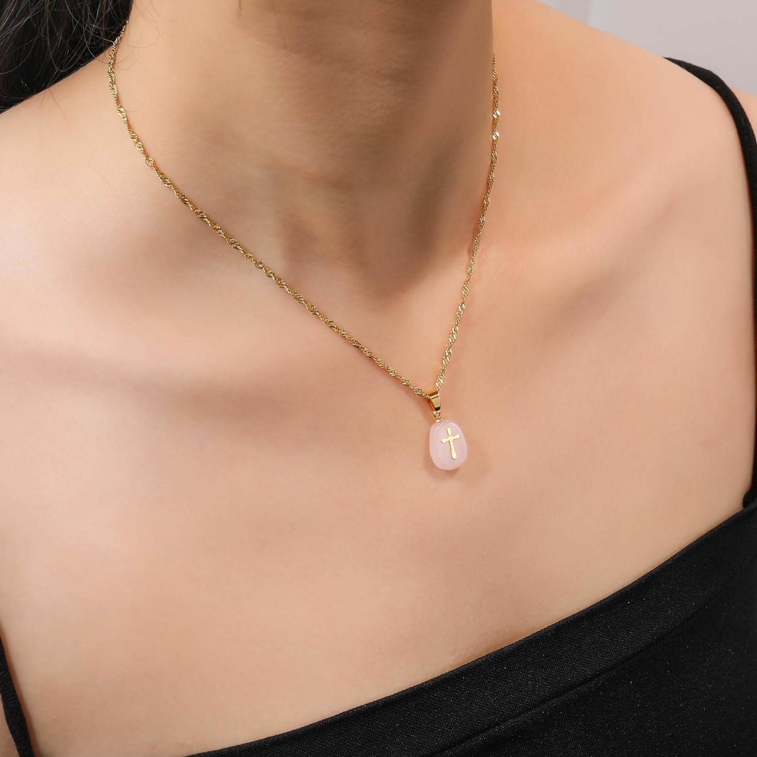 Stainless Steel Christian Clavicle Chain Necklace & Natural White Moonstone Cross Pendant - Nazareth Store