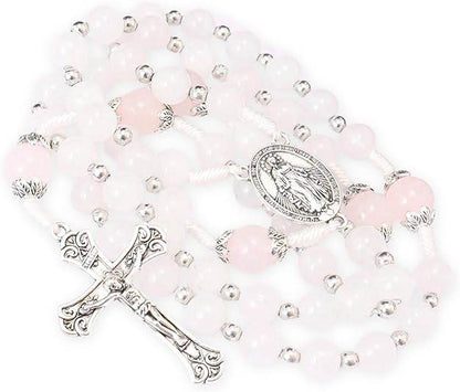 White Jade & Natural Stone Beads Rosary Necklace St. Miraculous Medal & Cross Crucifix - Nazareth Store