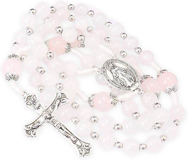 White Jade & Natural Stone Beads Rosary Necklace St. Miraculous Medal & Cross Crucifix - Nazareth Store