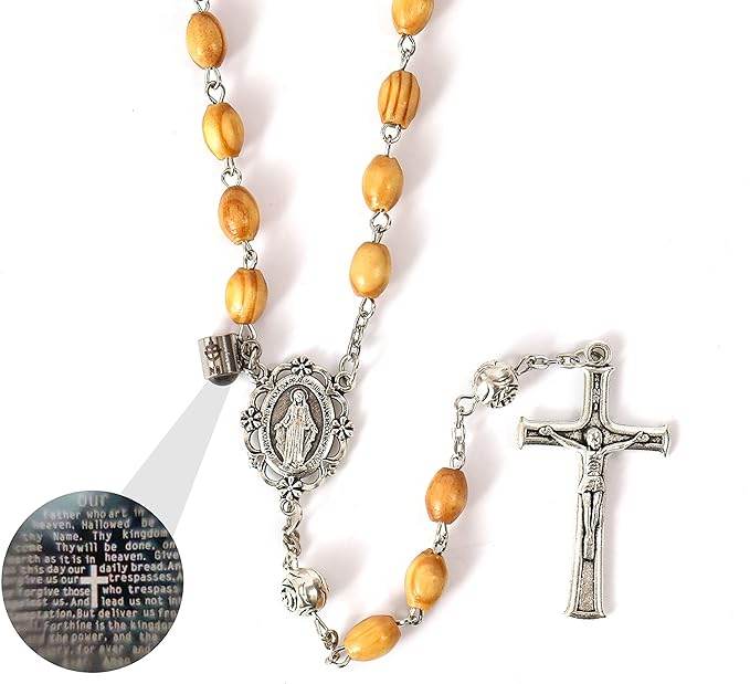 Our Father Prayer Olive Wood Rosary Beaded Necklace with Miraculous Centerpiece and Jesus Crucifix - Nazareth Store