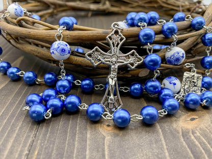White Flowers Blue Pearl Beads Rosary Beaded Necklace Lourdes Medal & Cross Crucifix - Nazareth Store