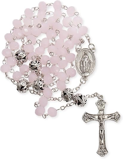 Pink Jade Crystal Beads Rosary Necklace St. Miraculous Medal & Cross Nazareth Store