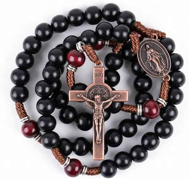 Handmade Black & Dark Red Wooden Rosary Necklace Antique Copper Miraculous Medal & Crucifix Catholic Prayer Beads for Men (Copy)