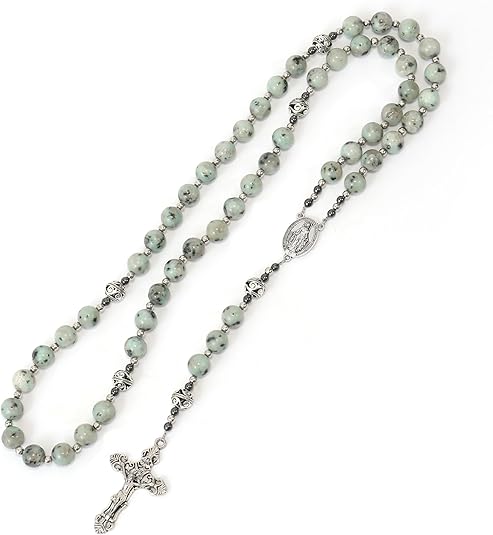 Blue Dalmatian Jasper Natural Stone Rosary Beads Necklace Holy Soil & Cross Crucifix Nazareth Store