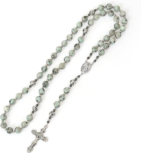 Dalmatian Jasper Natural Stone Rosary Beads Necklace Holy Soil & Cross - Nazareth Store