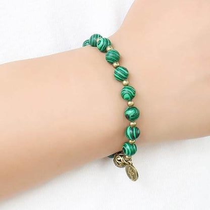 St. Benedict Malachite Stone Beads Rosary Bracelet with Metal Separators and Catholic Medal - Nazareth Store