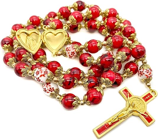 Red Rosary Beads Necklace with Saint Benedict Medal, Flower Mystery Bead, Miraculous Medal Locket, Cross Nazareth Store