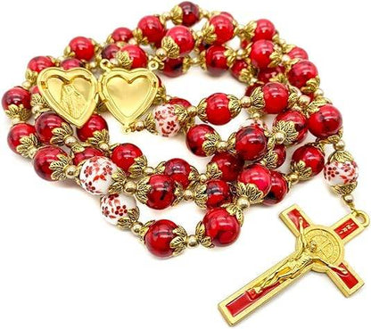 Red Rosary Beads Necklace with Saint Benedict Medal, Flower Mystery Bead, Miraculous Medal Locket - Nazareth Store