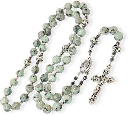 Dalmatian Jasper Natural Stone Rosary Beads Necklace Holy Soil & Cross - Nazareth Store