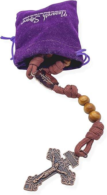 Rugged Cord Wooden Beads Paracord Rosary Necklace Red Bronze St Michael Medal - Nazareth Store