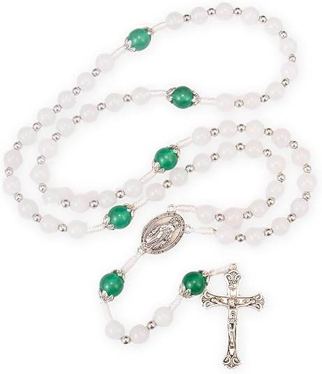White Jade & Natural Stone Beads Rosary Necklace St. Miraculous Medal & Cross Crucifix - Nazareth Store