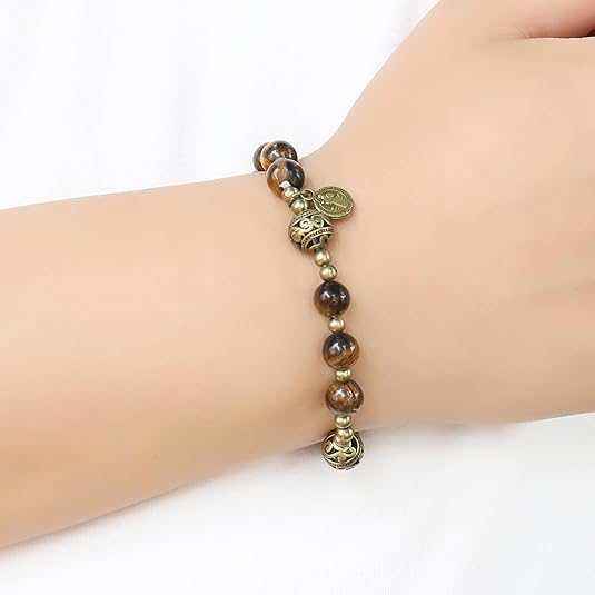 Tiger Eye Stone Beads Durable and Elegant Wrist Bracelet Rosary with Metal Separators and Catholic St. Benedict Medal Nazareth Store