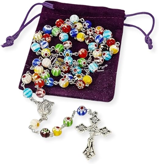 Colorful Murano Glass Rosary Necklace with Holy Soil Medal and Cross Nazareth Store