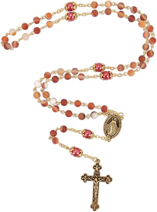 Red Matte Stone Rosary Necklace with Miraculous Medal & Gold Tone Crucifix