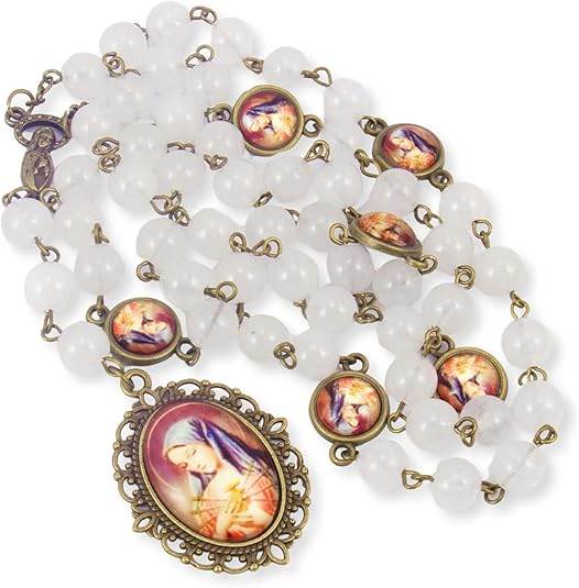 Our Lady of Sorrows Stone Beads Rosary Necklace with Epoxy 7 Sorrows Medallion - Nazareth Store