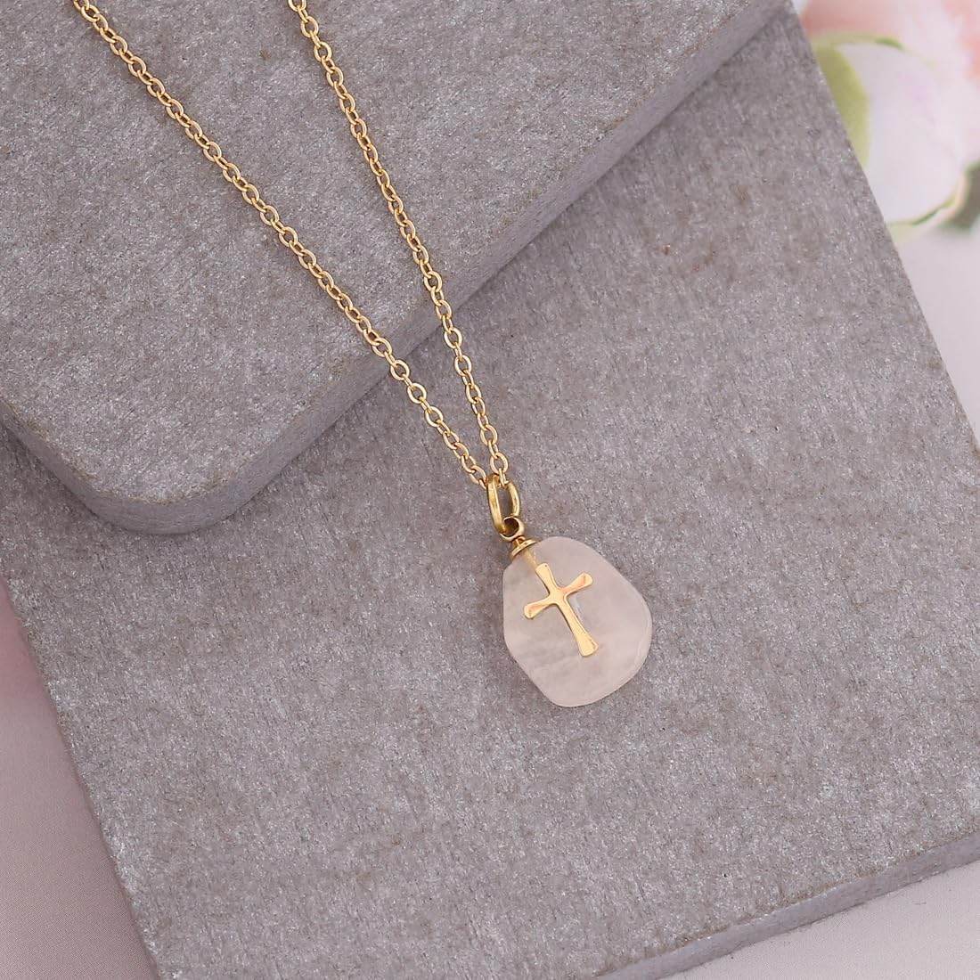 Stainless Steel Christian Clavicle Chain Necklace & Natural White Moonstone Cross Pendant - Nazareth Store