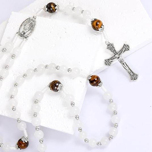 White Jade & Natural Stone Beads Rosary Necklace St. Miraculous Medal & Cross Crucifix - Nazareth Store