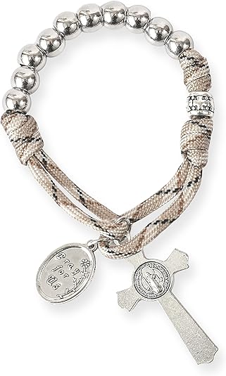 Silver Beads Brown Paracord Pocket Car Rosary St. Joseph Medal & St. Benedict Cross Nazareth Store