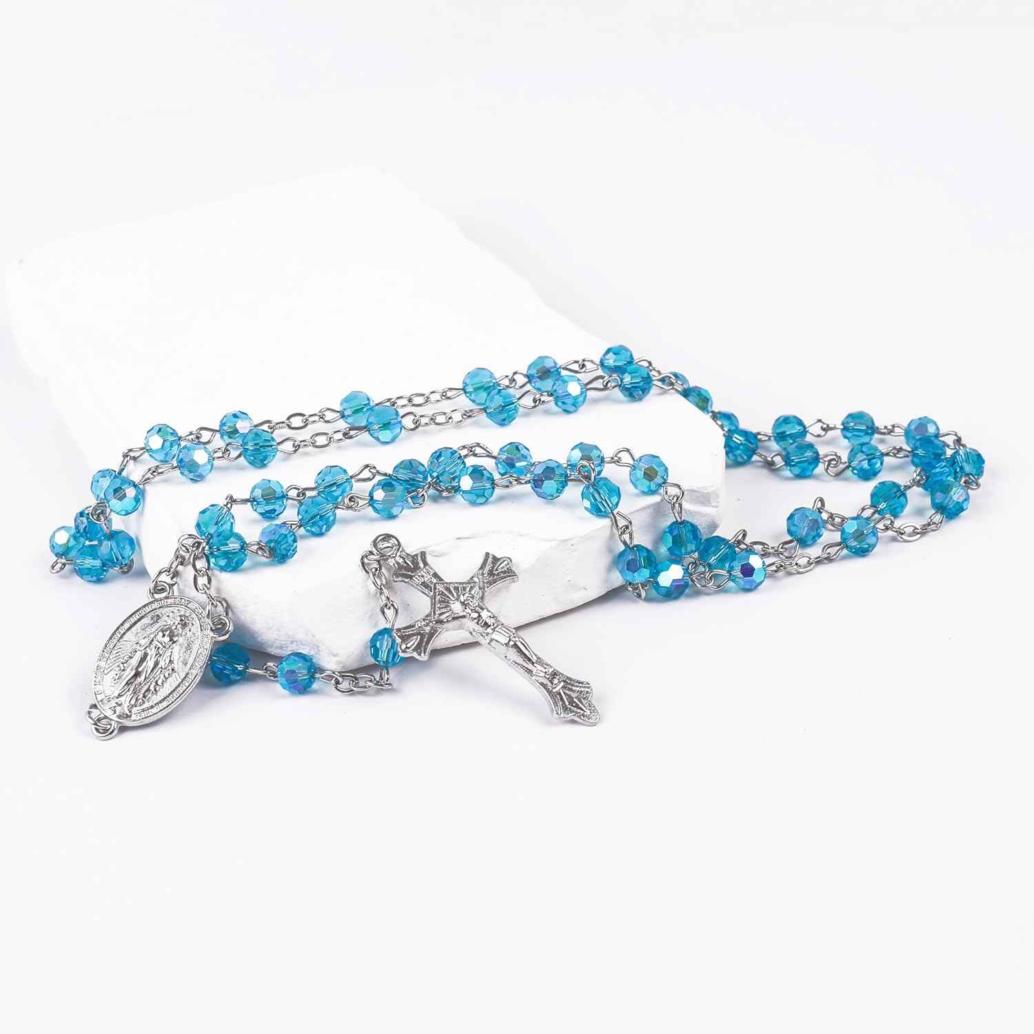 Light Blue Aquamarine Beads Rosary Necklace Crystallized Communion Rosary with Miraculous Medal & Jesus Cross