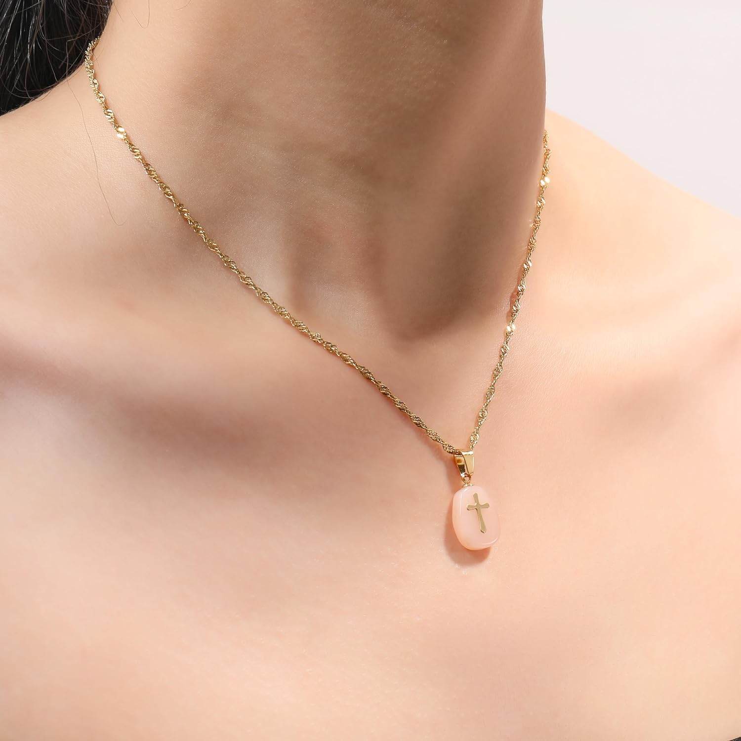 Natural Orange Aventurine Stone Cross Pendant Stainless Steel Clavicle Chain Necklace - Nazareth Store