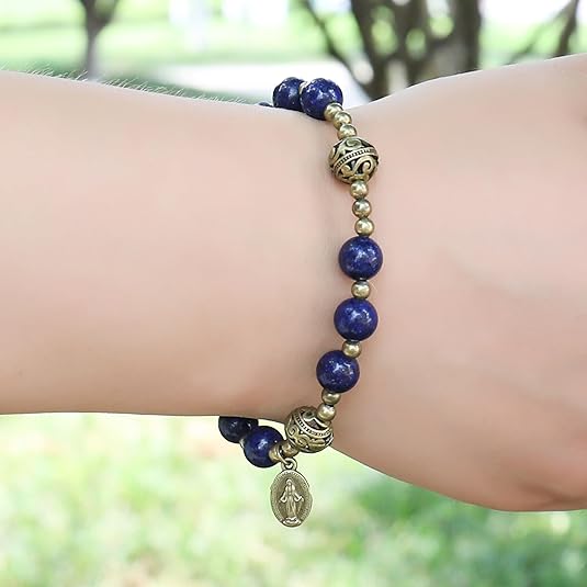 St. Benedict Lapis Lazuli Stone Beads Rosary Bracelet with Metal Separators and Catholic Medal Nazareth Store