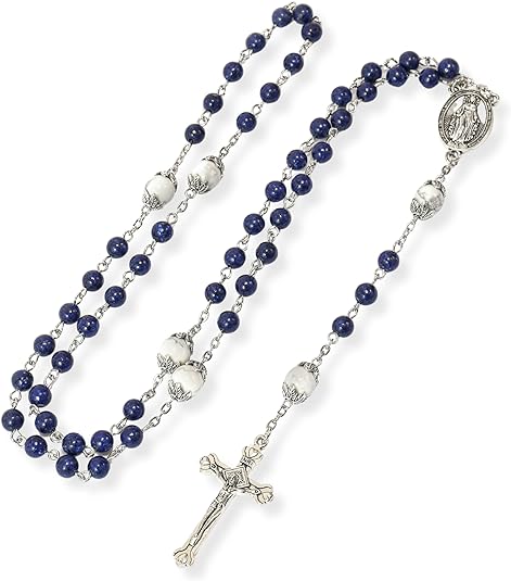 Blue Lapis Lazuli Beads Rosary Necklace with Miraculous Medal, Silver Crucifix for Men & Women (Copy) Nazareth Store