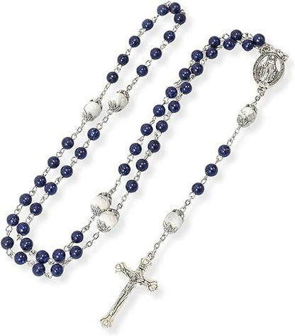 White Howlite Blue Lapis Lazuli Beads Rosary Necklace Miraculous Medal Holy Mary Box - Nazareth Store