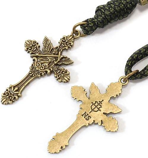 Antique Bronze Metal Rugged Paracord Rosary Necklace Black Matte Prayer Beads with Saint Medal and Crucifix Cross - Nazareth Store