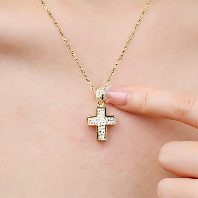 Gold Plated Thick Sterling Silver Cross Pendant Necklace Zirconia Stones Nazareth Store